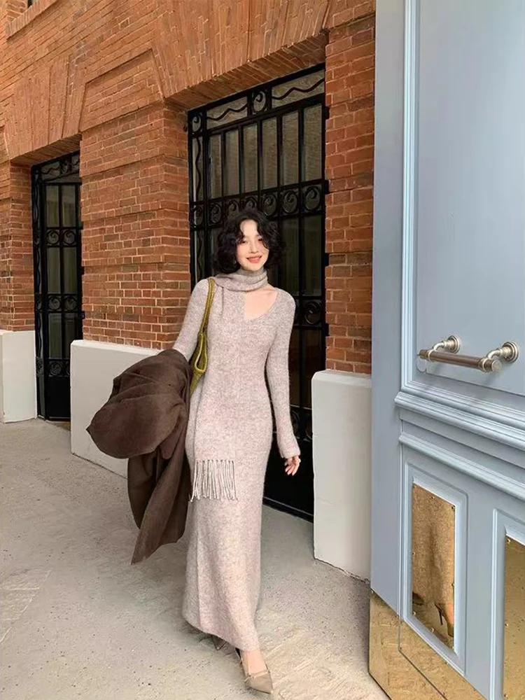 Robe mi-longue tricotée Vintage Y2K, Slim avec écharpe, manches longues, Streetwear coréen, Chic, assortie avec tout, automne
