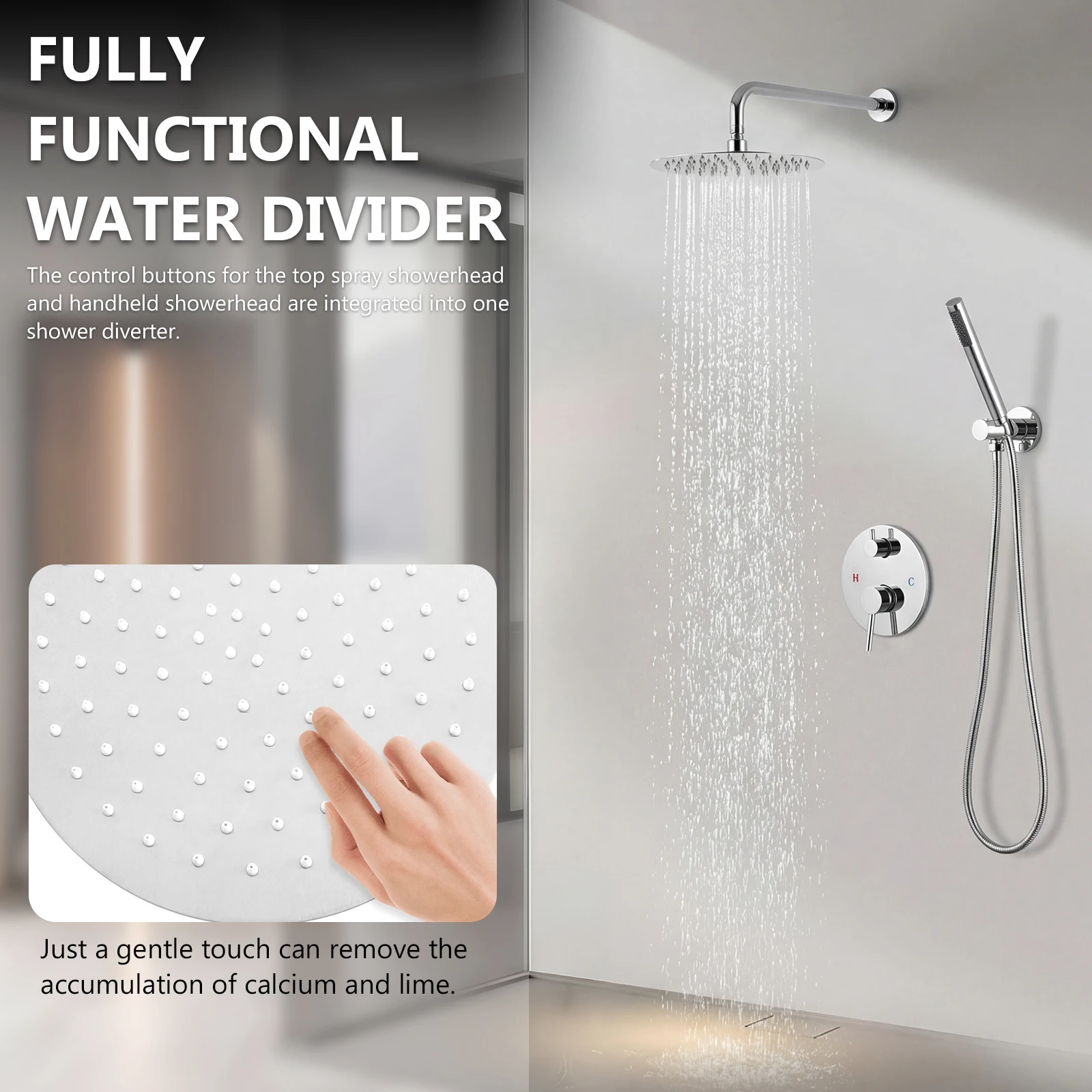 Ceiling Rainfall Shower Head System with 10 Inch Showerhead Rain Shower Head and Handle Set with Rough-in Valve for Hard Water