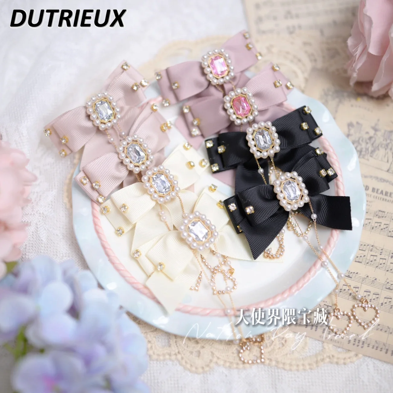 

Japanese Handmade Square Diamond Love Pearl Chain Barrettes Sweet Tassel Bow Barrettes Side Clip Mass-Produced Headdress Girls