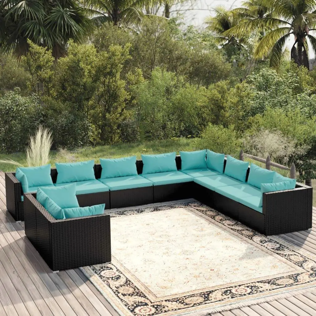 10-Piece Black Poly Rattan Patio Lounge Set with Cushions for Outdoor Comfort