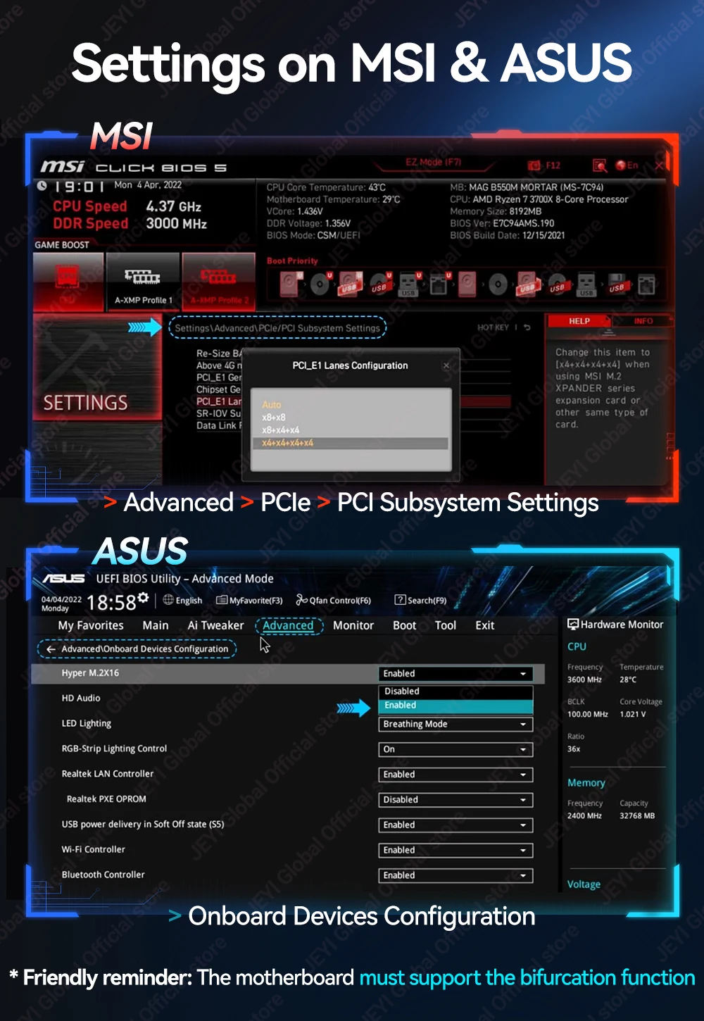 JEYI 4-Bay PCIe 5.0 X16 Quad M.2 Erweiterungskarte NVMe RAID 0/1/5/JBOD Adapter 512 Gbit/s Geschwindigkeit 8 TB pro SSD Kompatibel PCIe 4.0/3.0 – Detail 4
