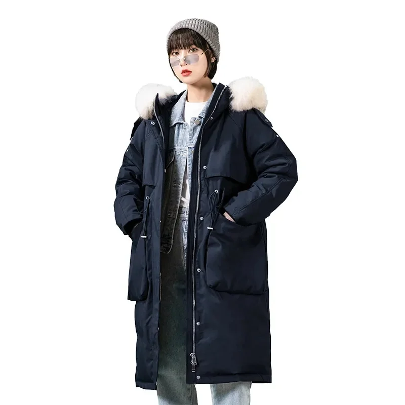 Men's and Women Long Coat 2023 Winter New Casual Loose Extremely Cold True Large Fur Collar Park Waist Down Coat Solid Commuter