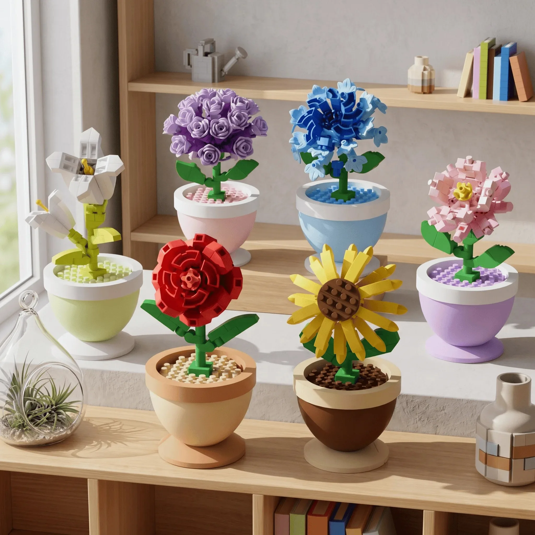 DIY Potted Flower Building Blocks, Mini Rose Sunflower Daisy Plant Brick Model, Botanical Desk Decor, Gift for Boy Kid Adult