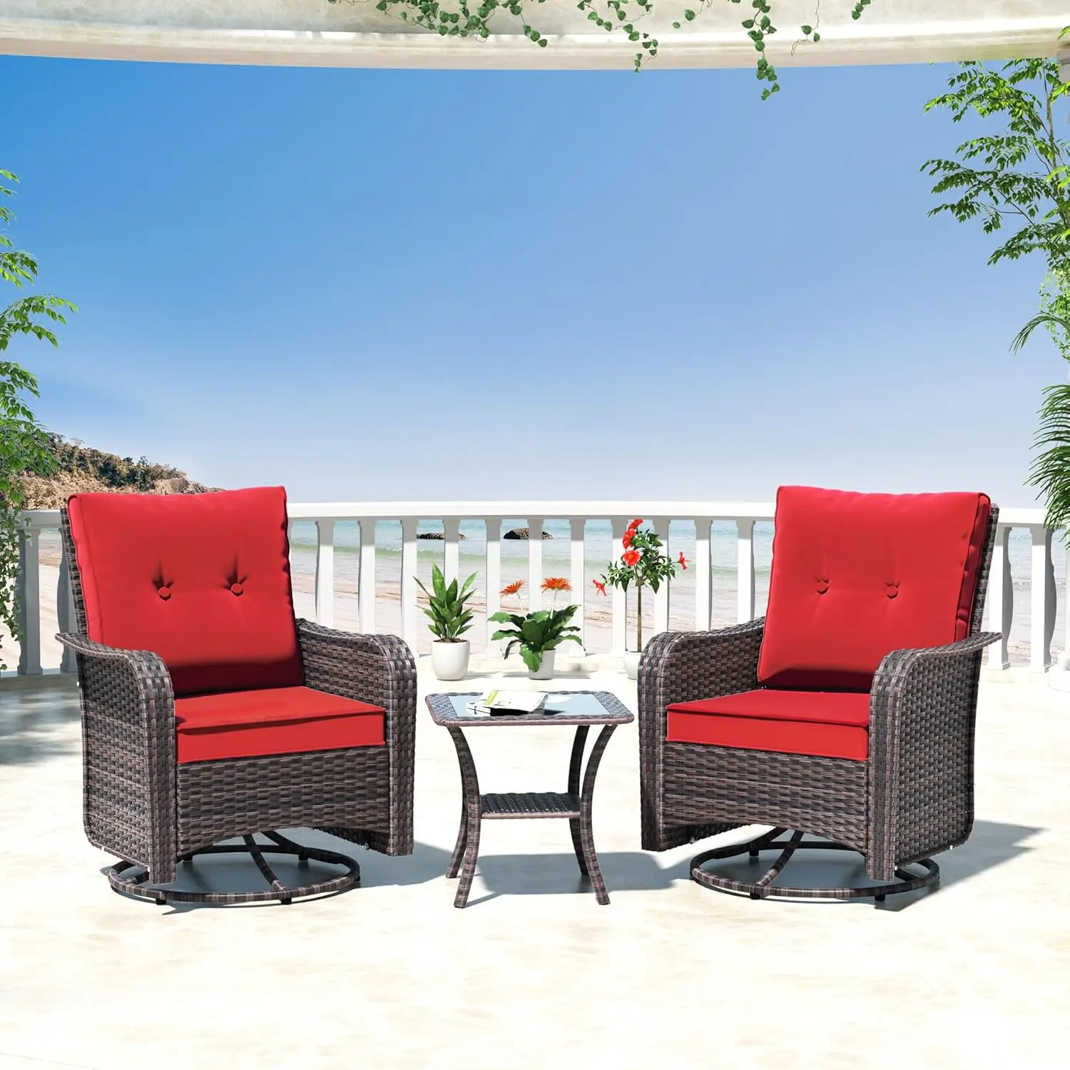 

3PCS Wicker Rocking Chair Swivel Chairs, Patio Furniture Set Rattan Rocking Bistro Sets with Coffee Table for Outdoor Porch Deck