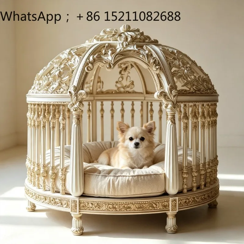 SCY palace light luxury cat and dog villa cage, wooden retro carved dome indoor cat and dog house