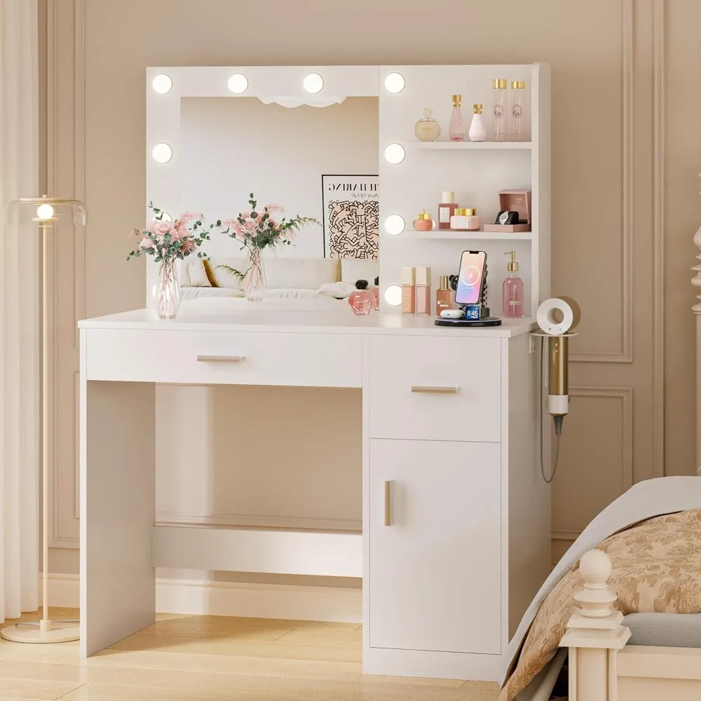 

35.4 Vanity Desk with LED Mirror & Power Outlet, Makeup Vanity Table with 3 Open Storage Shelves, Drawers and Cabinet, 3