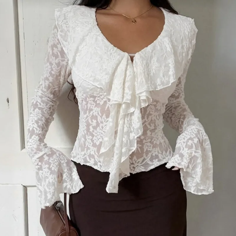 Tuularose Elegant Lace Top Fashion Ruffled Lace Patchwork Solid Shirt Sexy Cutout Commuter Chic New Streetwear 2026 Women's Tops