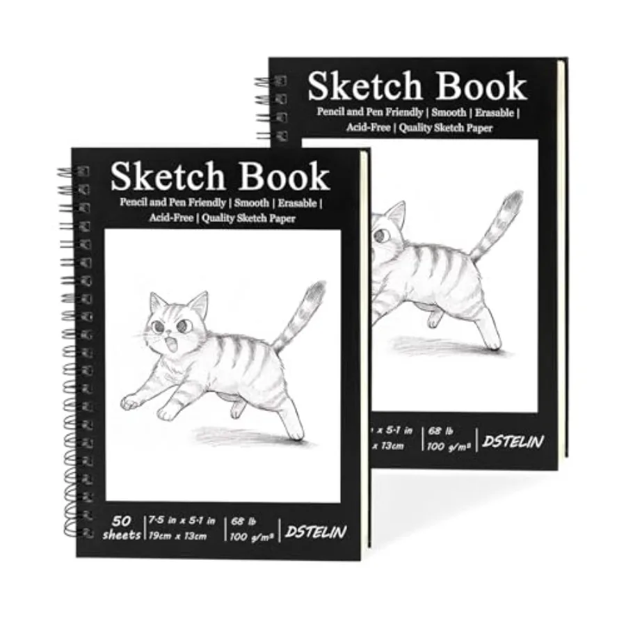 2 Pack Spiral Bound Sketchbooks 100 GSM Sketch Paper,50 Sheets per Pack, 7.5