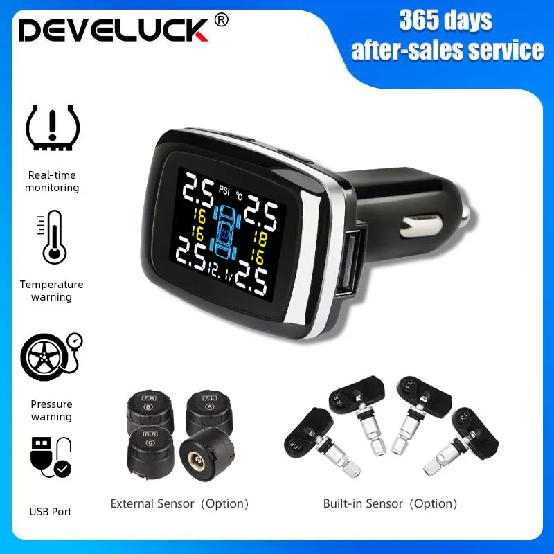 

Develuck Car TPMS Cigarette Lighter Digital Tire Pressure Monitoring System USB Port Security Alarm & IP68 Waterproof Sensors