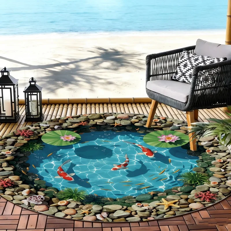 Suitable for Floor Types Suitable for Home Round Rug with Koi Fish & for Lotus Pond - New Chinese Style Water Ripple Stone Pattern, Machine Washable IndoorOutdoor Floor Mat Suitable for Living Room, Kitchen, 2D Flat