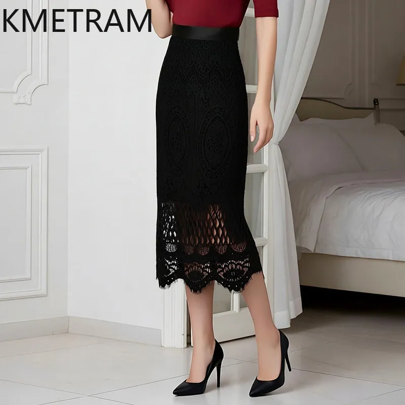 KMETRAM Lace Crochet Pencil Skirts for Women High Waist Bodycon Midi Skirt Fringe Hem Summer Skirts 2026 Woman Clothes cutecore