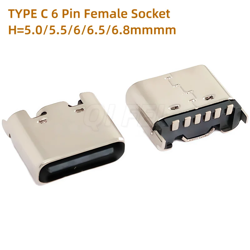 

50pcs TYPE C 6 Pin Female Socket Connector SMT Vertical H= 6.8mm 6.5/6/5.5/7.35MM Charging Port Plug Socket Power USB TYPE-C 6P