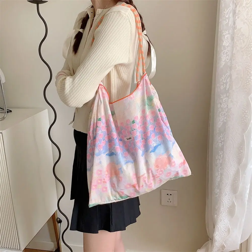 Floral Printed Canvas Shoulder Bag Portable Reusable Large Capacity Drawstring Shopping Bag Handheld Cotton Travel Tote Bag