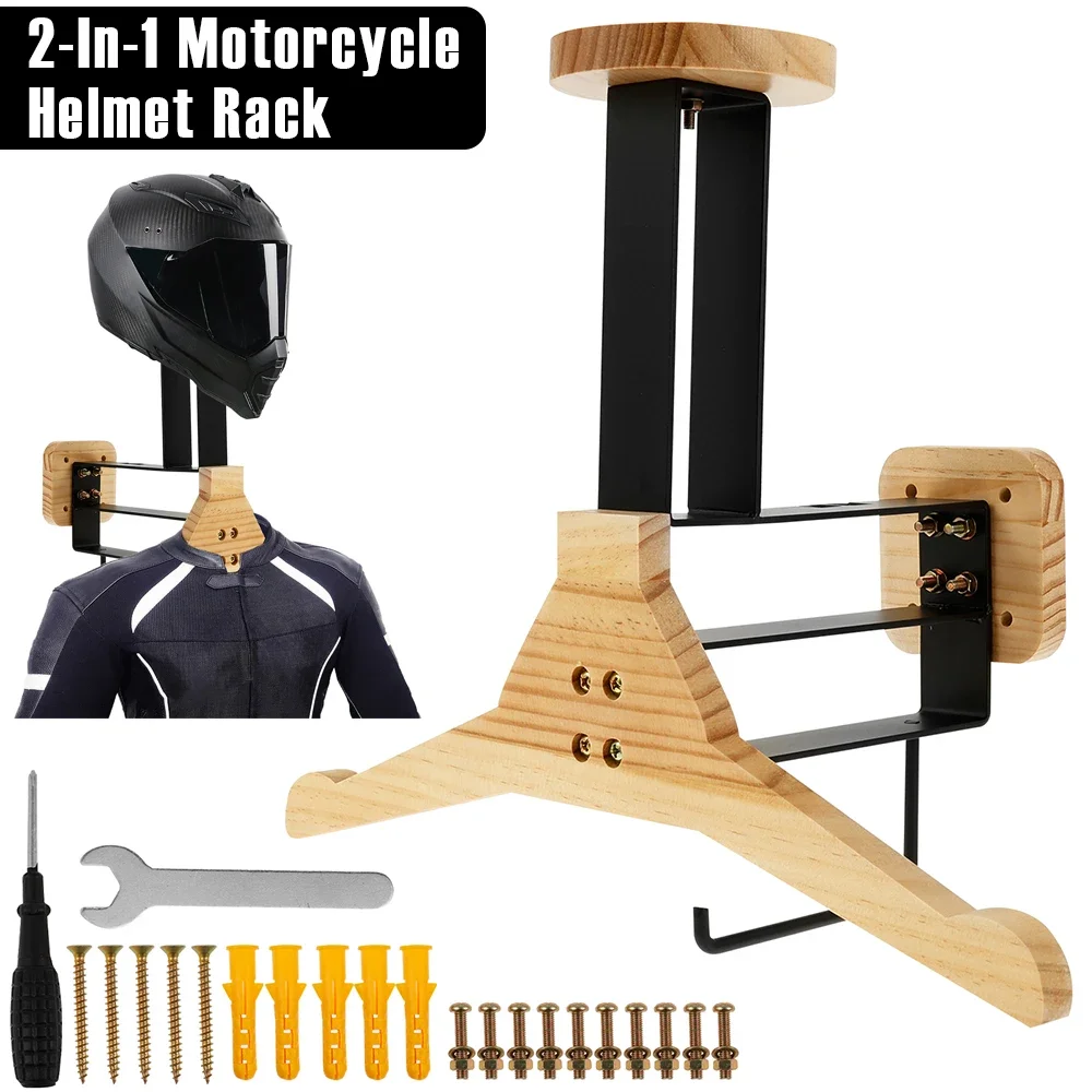 

Motorcycle Helmet Rack Wooden Vest Helmet Wall Mount Stand with Hooks 2-In-1 Versatile Motorcycle Helmet Vest Holder for Storage
