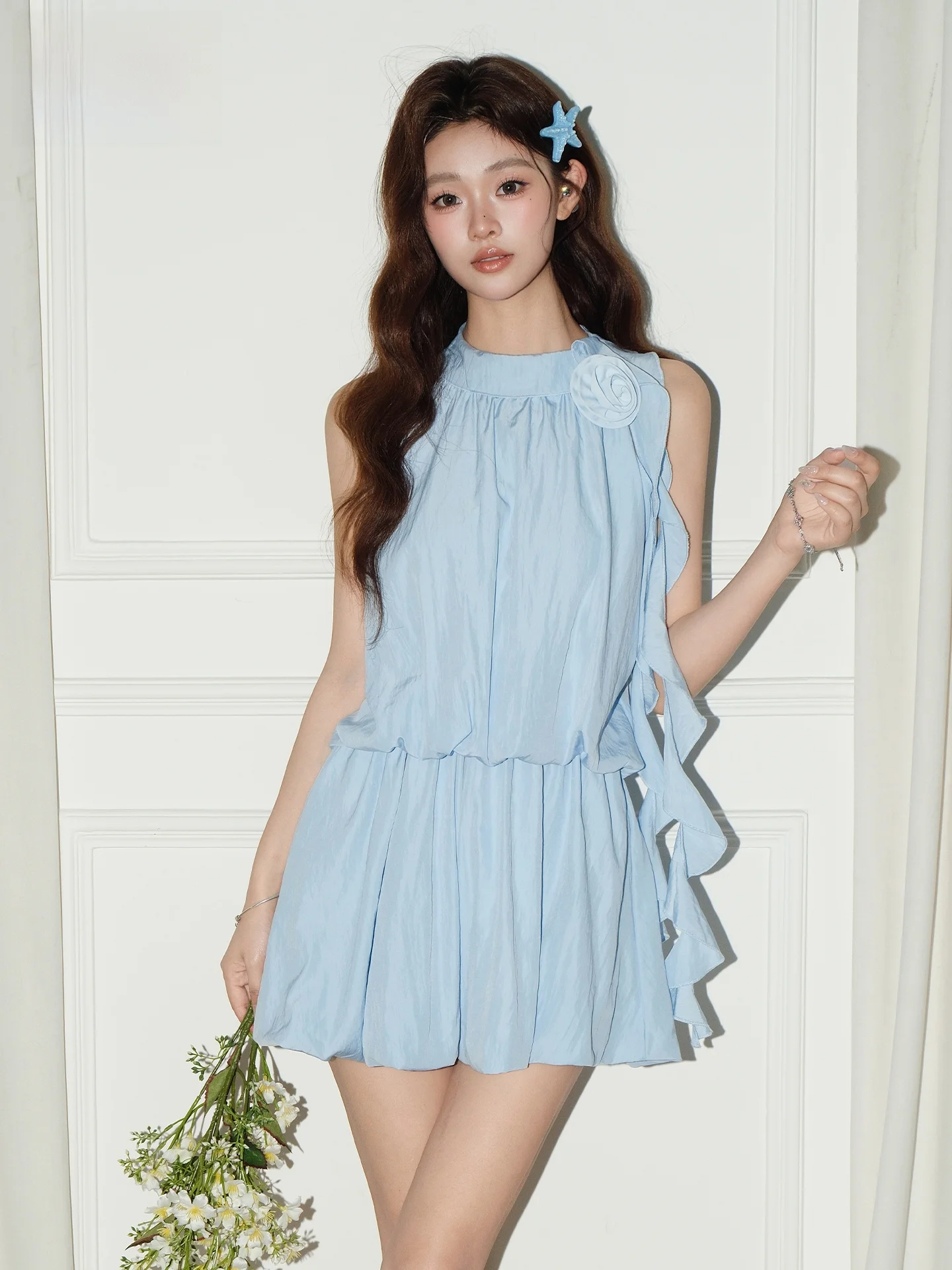 

Sweet Style Glacier Blue Halter Dress Women's 2026 New Summer Gored A-Line Skirt High Waist Soft Polyester Fiber Casual Wear