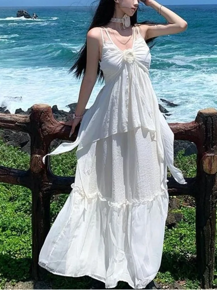 

White Elegant Vintage Fairy Strap Dress Women Ruffles Chic Sexy Korean Midi Dress Female Summer Casual Party Beach Dress Fashion