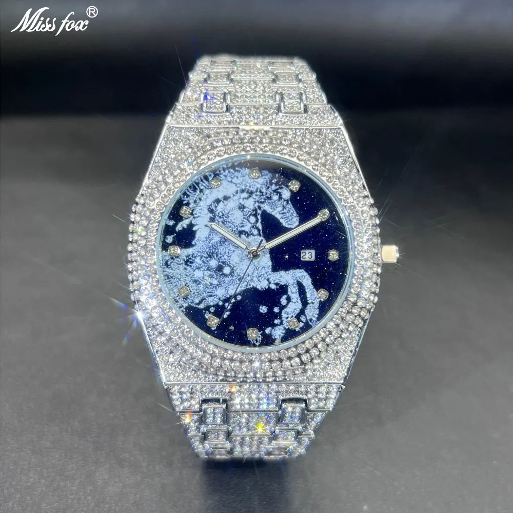 

Hip Hop Mens Quartz Watches MISSFOX Automatic Date Iced Wristwatch Fashion Diamond Jewelry Year Of The Horse Watch For Man Gift