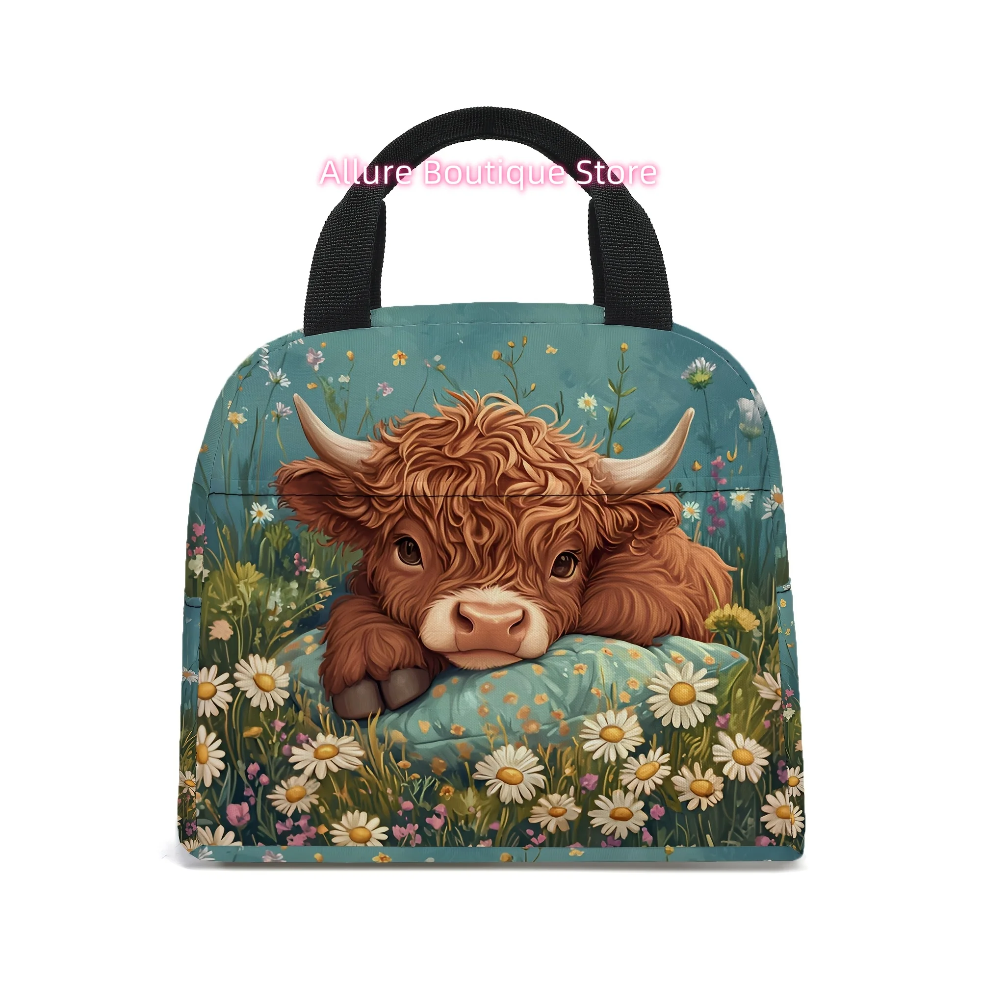 Insulated Highland Cow Print Lunch Bag with Ice Pack Compatible - Cute Scottish Cow Tote for,, & Picnics - Bag (Non-Food Contact