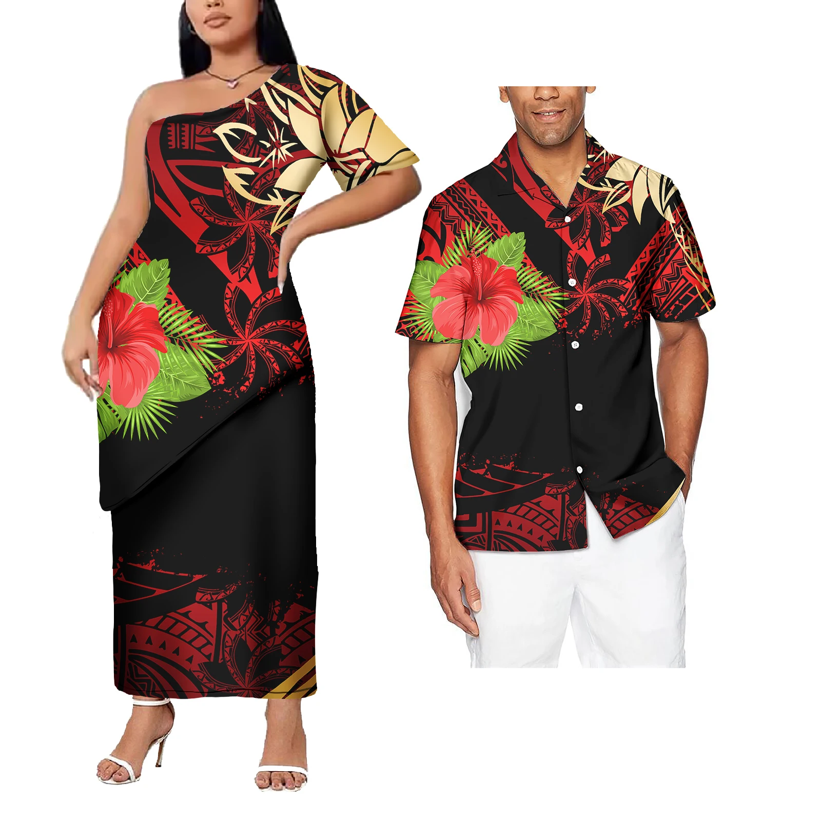 

Polynesian Tribal Pattern Tribal Couples Set 2 pcs Men Shirt And Puletasi Dress Samoan Tapa Flower Couple Sets