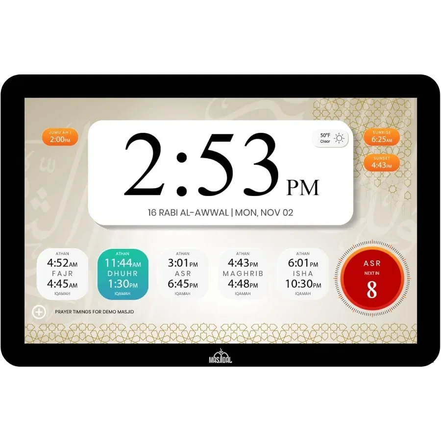 10" Digital Azan Clock with WiFi Dynamic Touch Screen Worldwide Prayer Times Full Quran Player Islamic Art Streaming Halal Musl