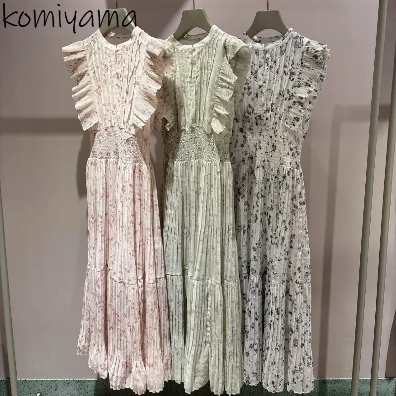 

Japan Chic Pleated Dress Ruffles Print Vestidos O-neck Flying Sleeve Dresses 2025 Spring Summer New Vestido A-line Ropa Mujer