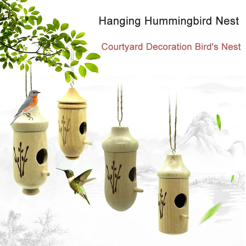 

Bird's Nest Wooden House Wooden Crafts Courtyard Decoration Bird Feeder Outdoor Hanging Hummingbird House