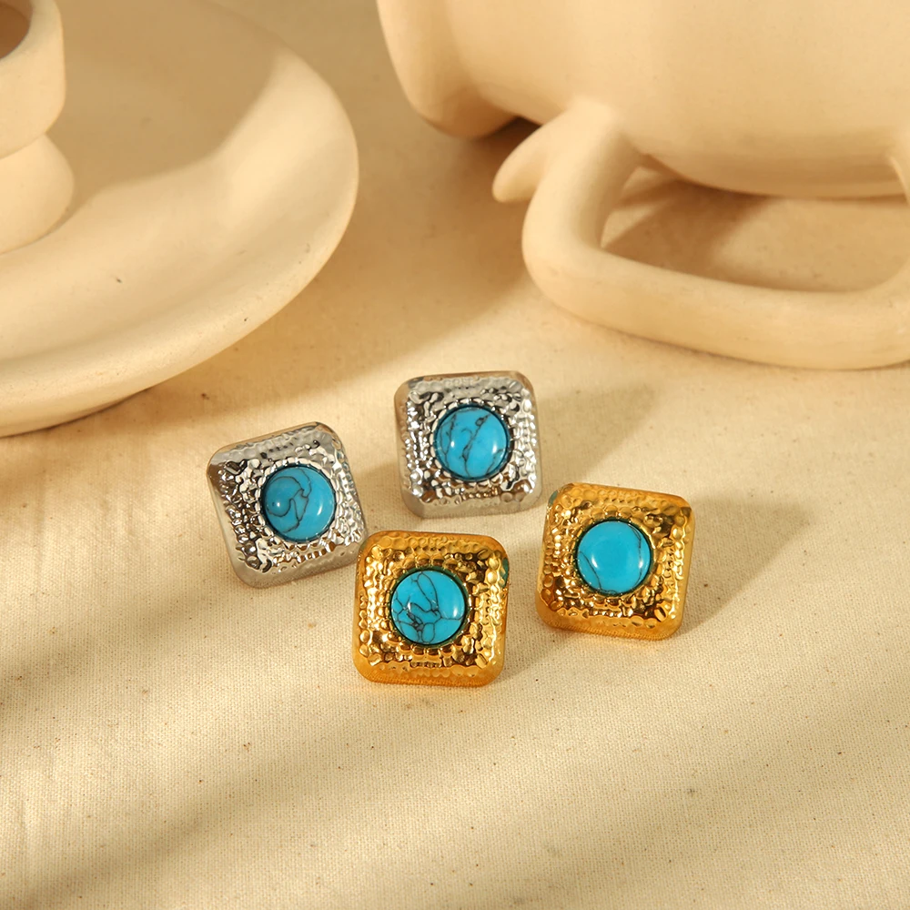 Vintage Luxury Square Hammer Texture Turquoise Stud Earrings High Quality 18k Gold Plated Stainless Steel Women Earrings