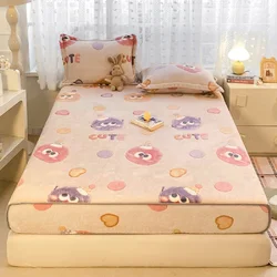 1Pc New Snowflake Velvet Fitted Sheet Bed Cover Mattress Dust Cover Suitable for Bedroom Apartment Winter Warmth and Comfort Cartoon Print Ins Princess Style 90/120/150/180cm