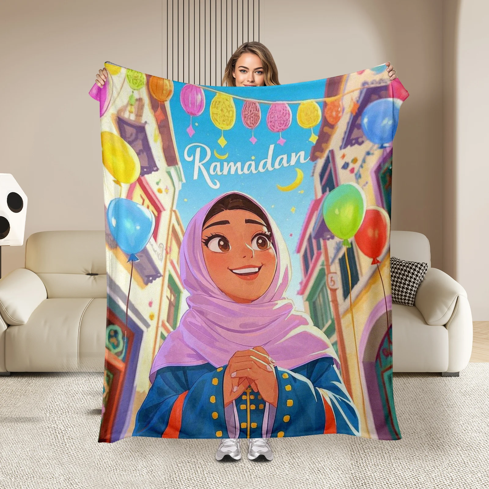 Cartoon Female Characters And Celebrations Middle Eastern Ramadan Blanket Fun Design Ideal For Loved Ones Kids