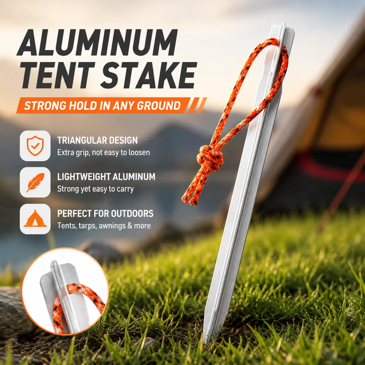 1Pc 18cm Aluminum Alloy Tent Stake Triangular Camping Ground Peg with Rope Loop for Tents Tarps Canopies