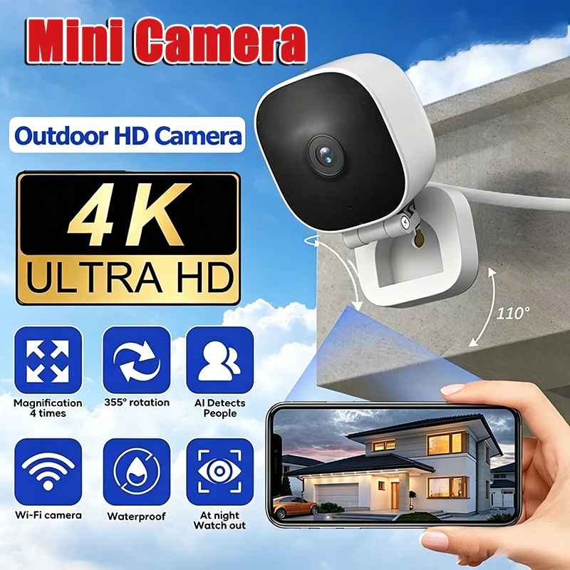 NEUE 4K Mini-Sicherheitskamera, IP65 wasserdicht, Vollfarb-Nachtsicht, Bewegungserkennung, Überwachung, WLAN-Monitor mit 2-Wege-Audio