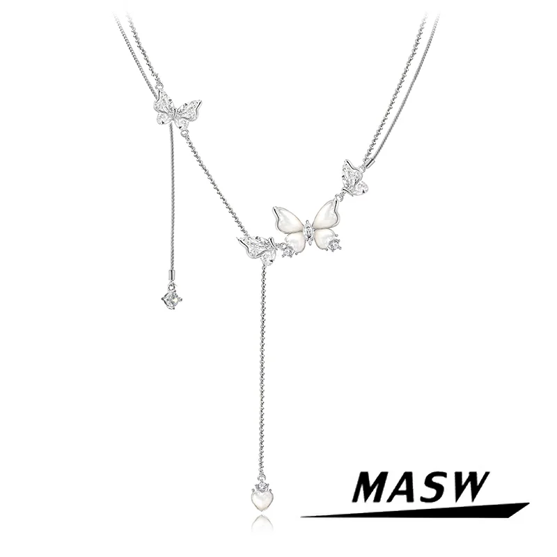 

MASW Original Design Zircon Shell Dancing Butterfly Pendant Necklace For Women Girl Party Wedding Gift Sweet Jewelry 2024 New