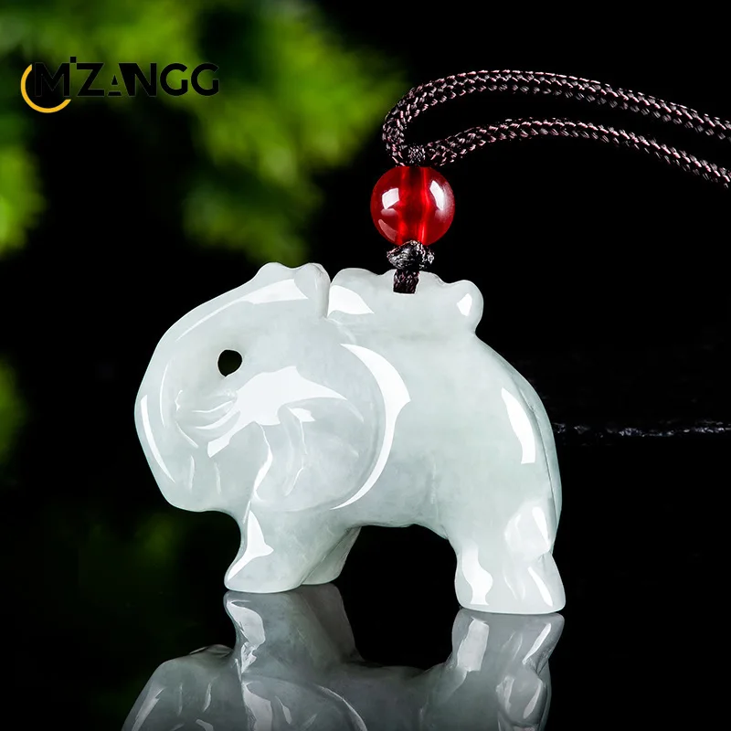 Natural A-goods Jadeite Auspicious Elephant Pendant Hand-carved Lovely Ice Jade Necklace Men and Women Holiday Gift