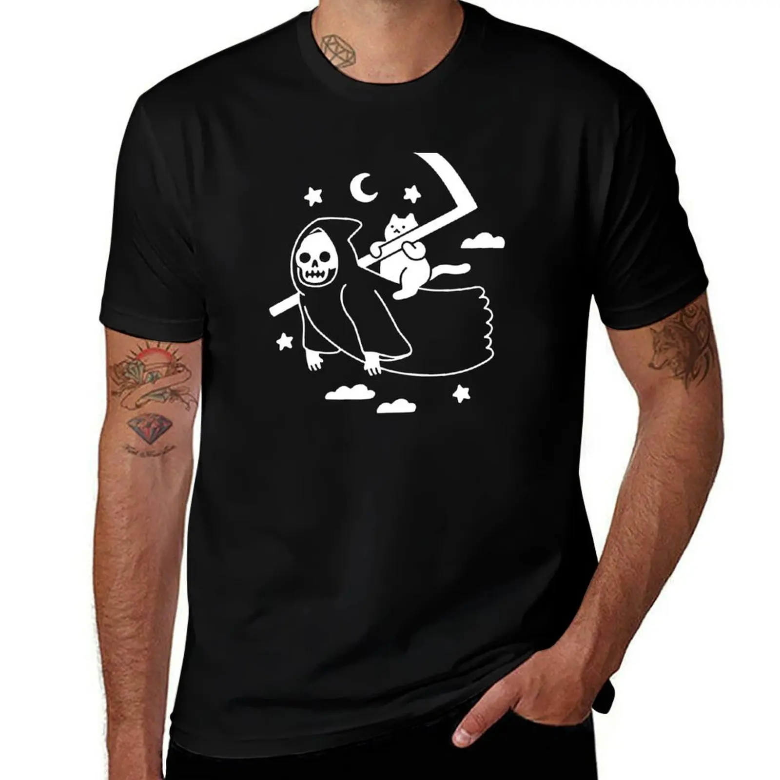 Cat Riding Grim Reaper T-Shirt Casual Trendy Short Sleeve T-Shirt