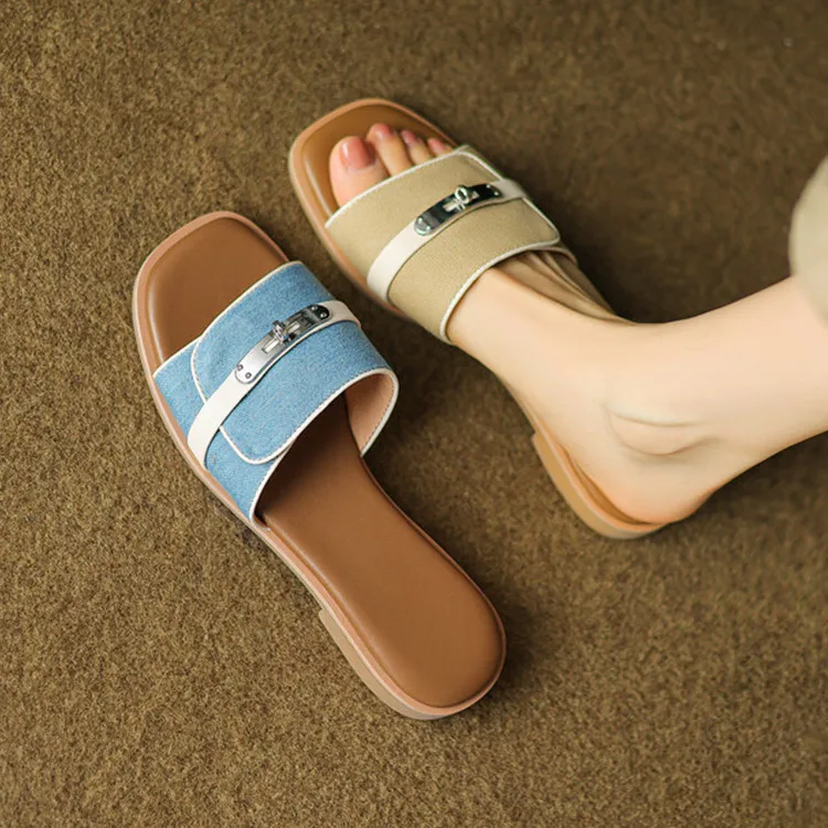 

New2023 Summer Women Flats Slippers Light Blue Denim Causal Flip Flops Chic Apricot Outside Footwear Lady Beach Slides Sapatos