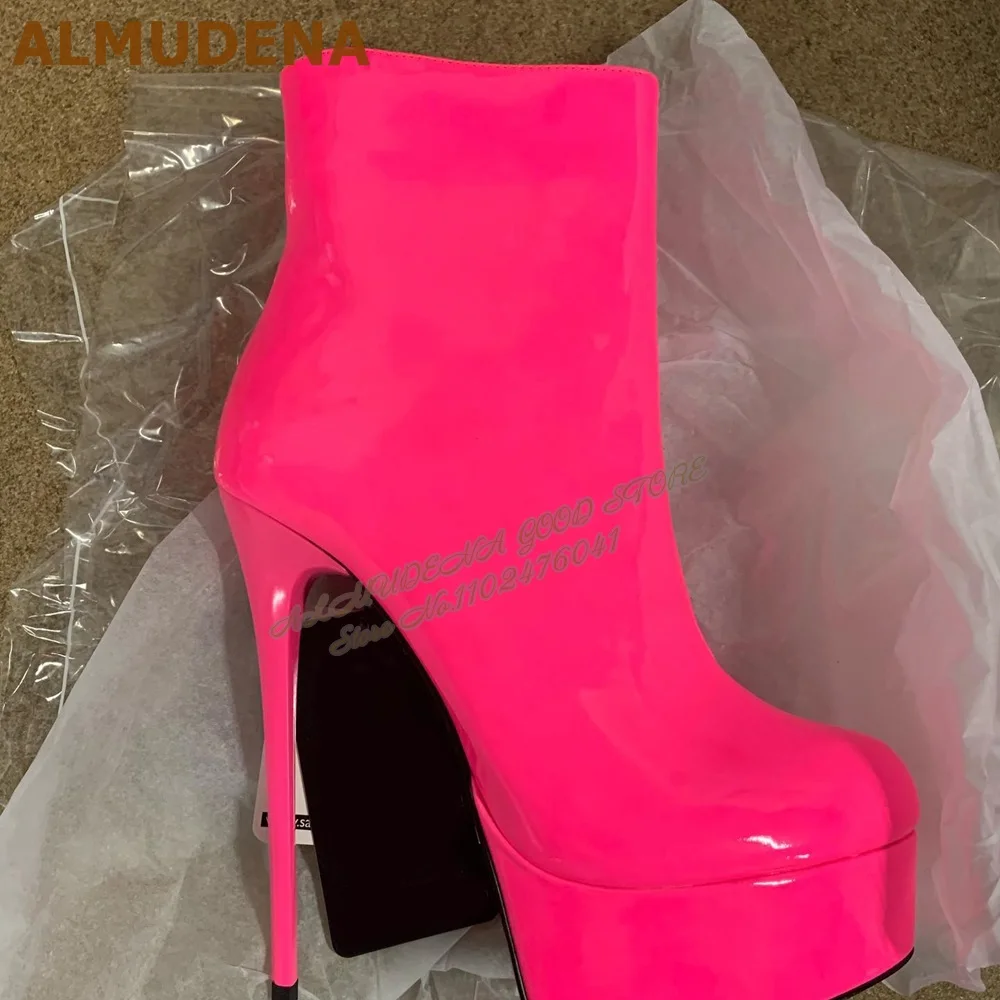 

ALMUDENA Ярко-розовые блестящие зеркальные кожаные ботильоны на тонком высоком каблуке и платформе, элегантные банкетные туфли на молнии