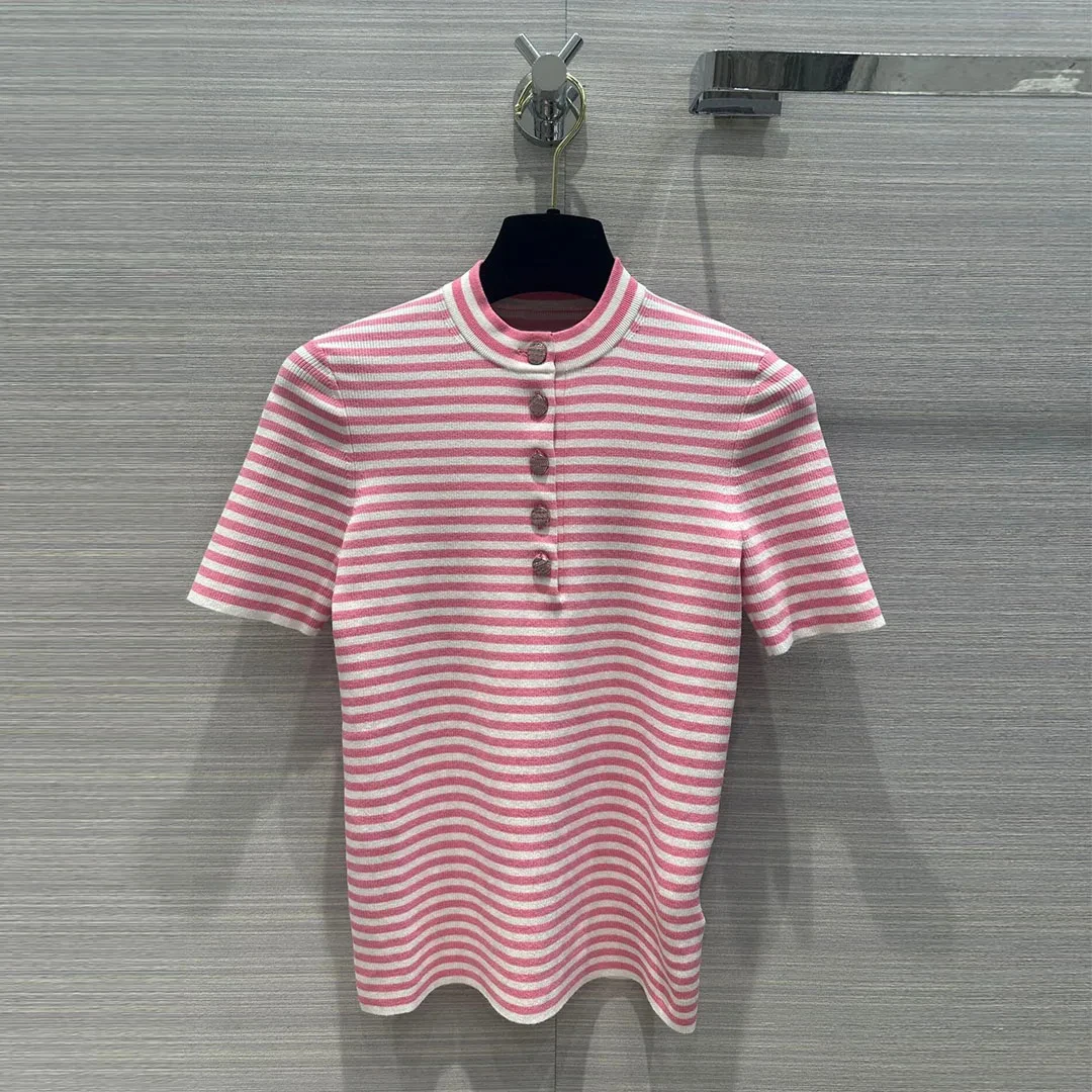 

New Summer Fashion Pink Stripes Knitted Women Tops O-neck Short Sleeve Gold Buttons Sweet Slim Fit T-shirt