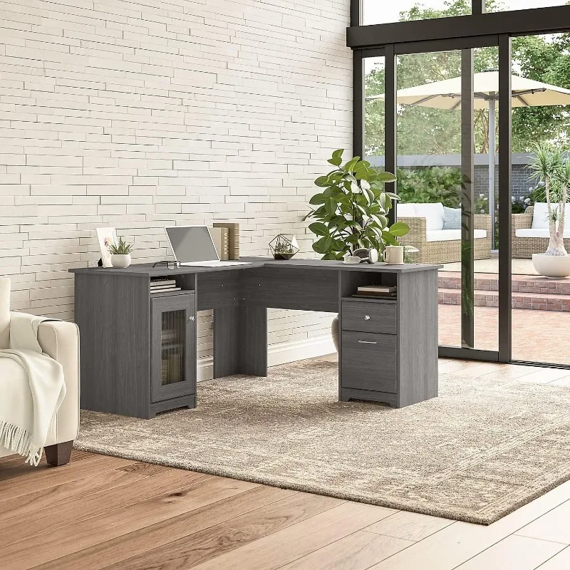 Furniture Cabot L Shaped Computer Desk in Modern Gray | Corner Table with Drawers and Storage for Personal Home Office Workspace