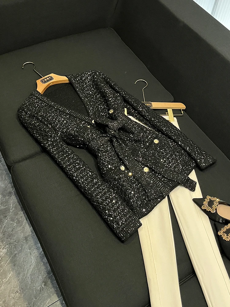 

Ele Faionable Sequin Knitted Long Sve V-Ne Open Cardigan Top D2252 Winter 2025 New Arrival Premium Collection