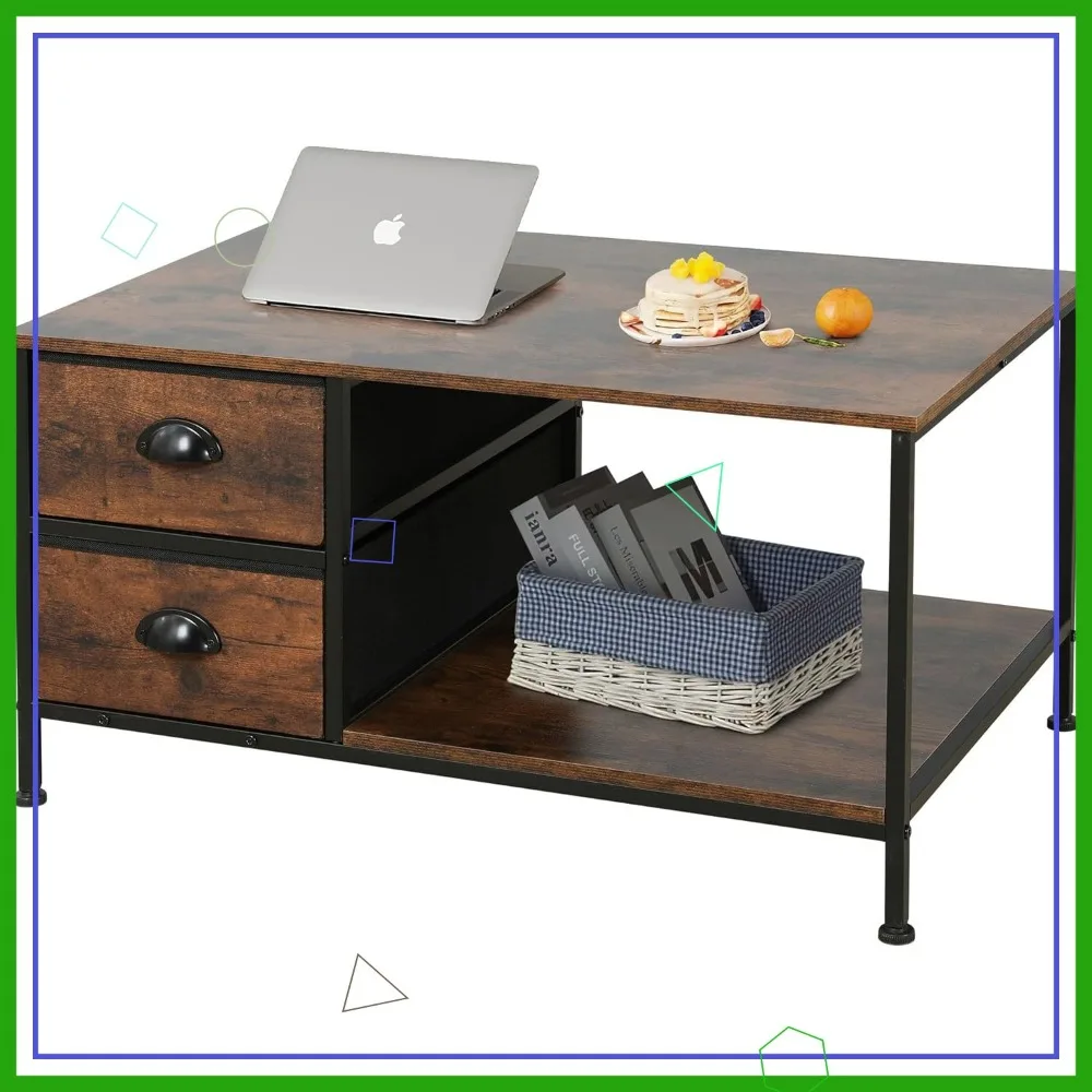 

2-Tier Coffee Table with Storage Drawers, Brown Wood and Metal Design for Small Living Room Spaces