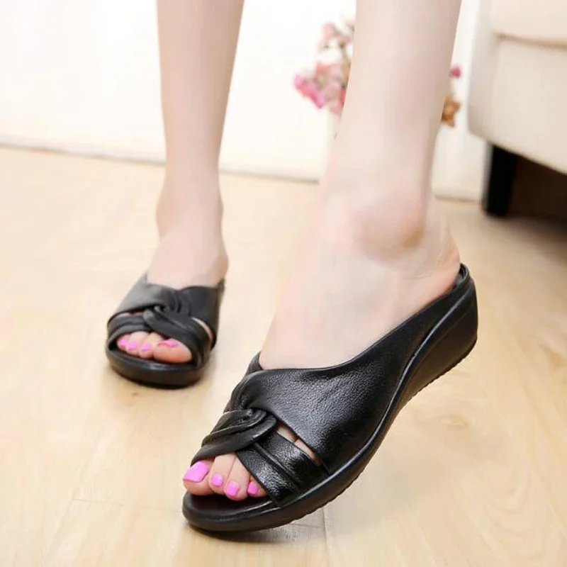 TIMETANG Summer New Leather Wedges Sandals Comfort Mother Shoes Woman Platform Flip Flops Slip On Creepers Flats C195