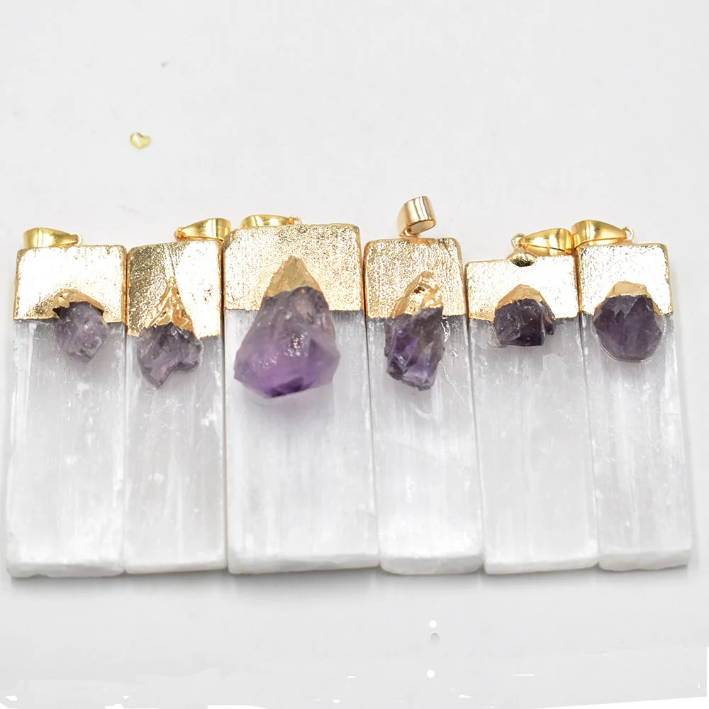 wholesale 6pcs/lot natural Selenite Plaster amethysts Pendants Rock Mineral Specimen Jewelry Reiki Healing Energy Charms