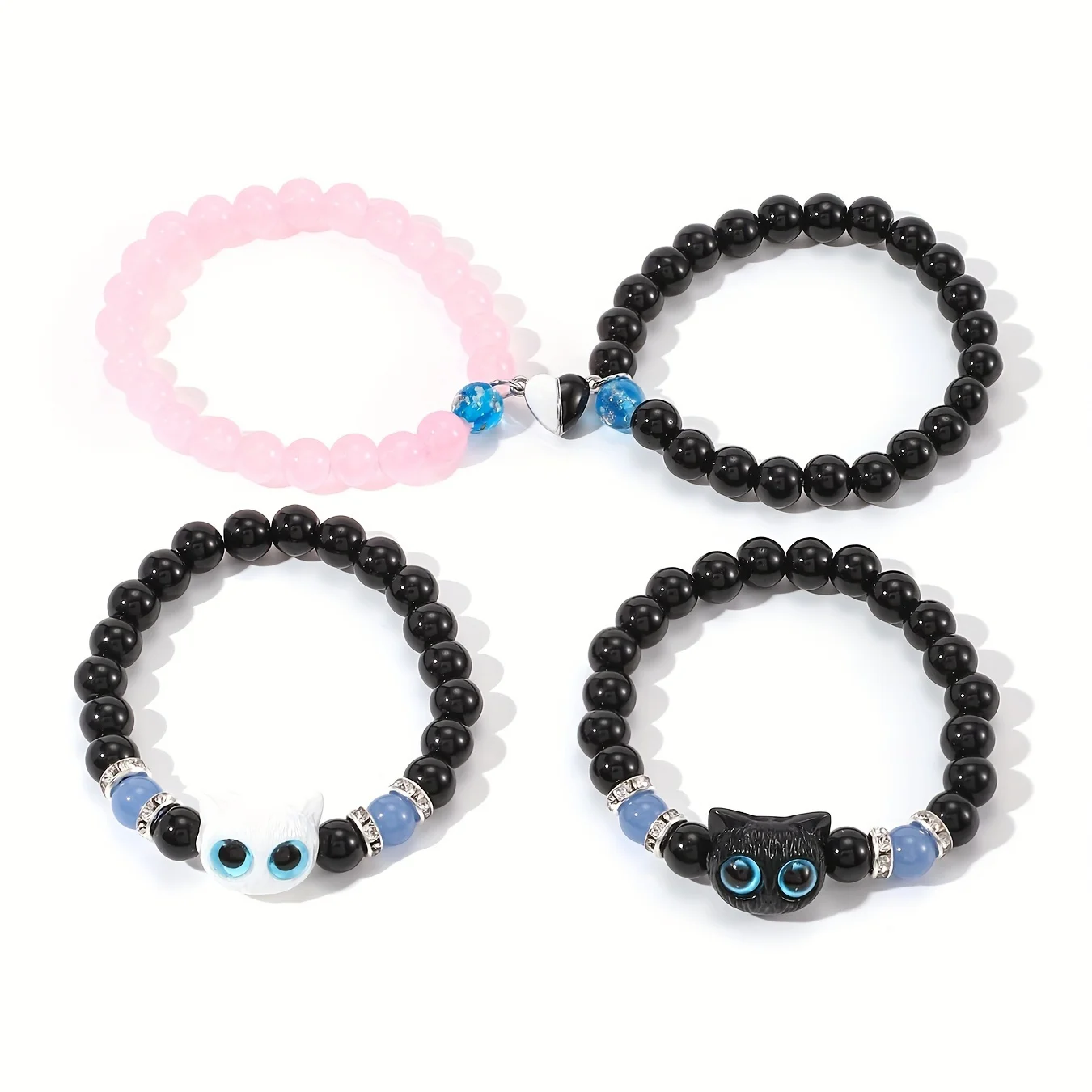 4-Piece Glow-in-the-Dark Cat and Heart Beaded Bracelet Set – Designed for Couples and Best Friends; Featuring a Glow-in-the-Dark Black and Pink Color Scheme
