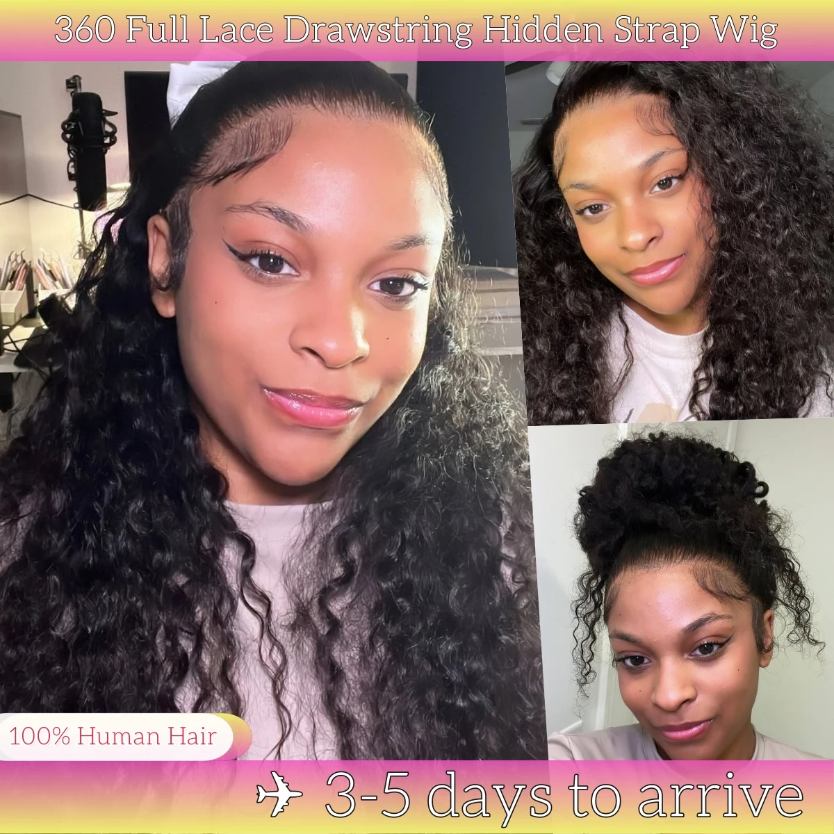 

360 Полный кружевной вьющийся парик из человеческих волос Бесклеевой HD Кружевной фронтальный парик Шнурок Невидимый ремешок Глубокая волна Готов к ношению Плотность 200