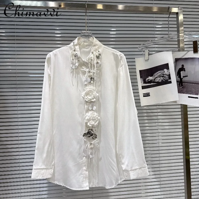 

Новая весенняя коллекция 2026: Элегантная женская блузка свободного кроя с 3D-пайетками и цветочным узором, длинными рукавами и завязками, универсальная белая рубашка
