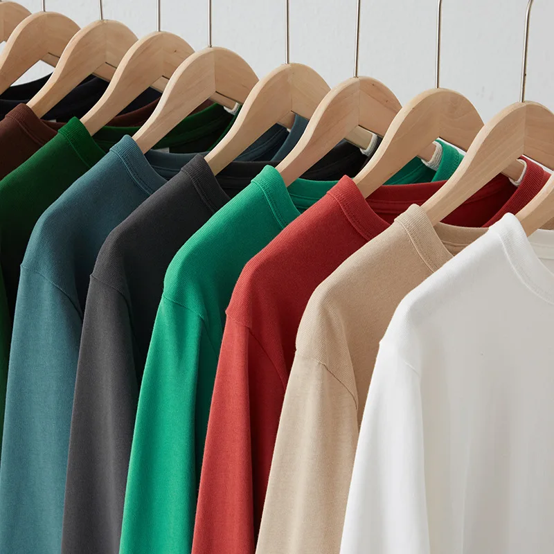 300g/m² Good Quality Cotton Basic T-shirt for Men Spring Autumn Fashion Solid Color O-neck Long Sleeve Loose Casual Healthy Tees