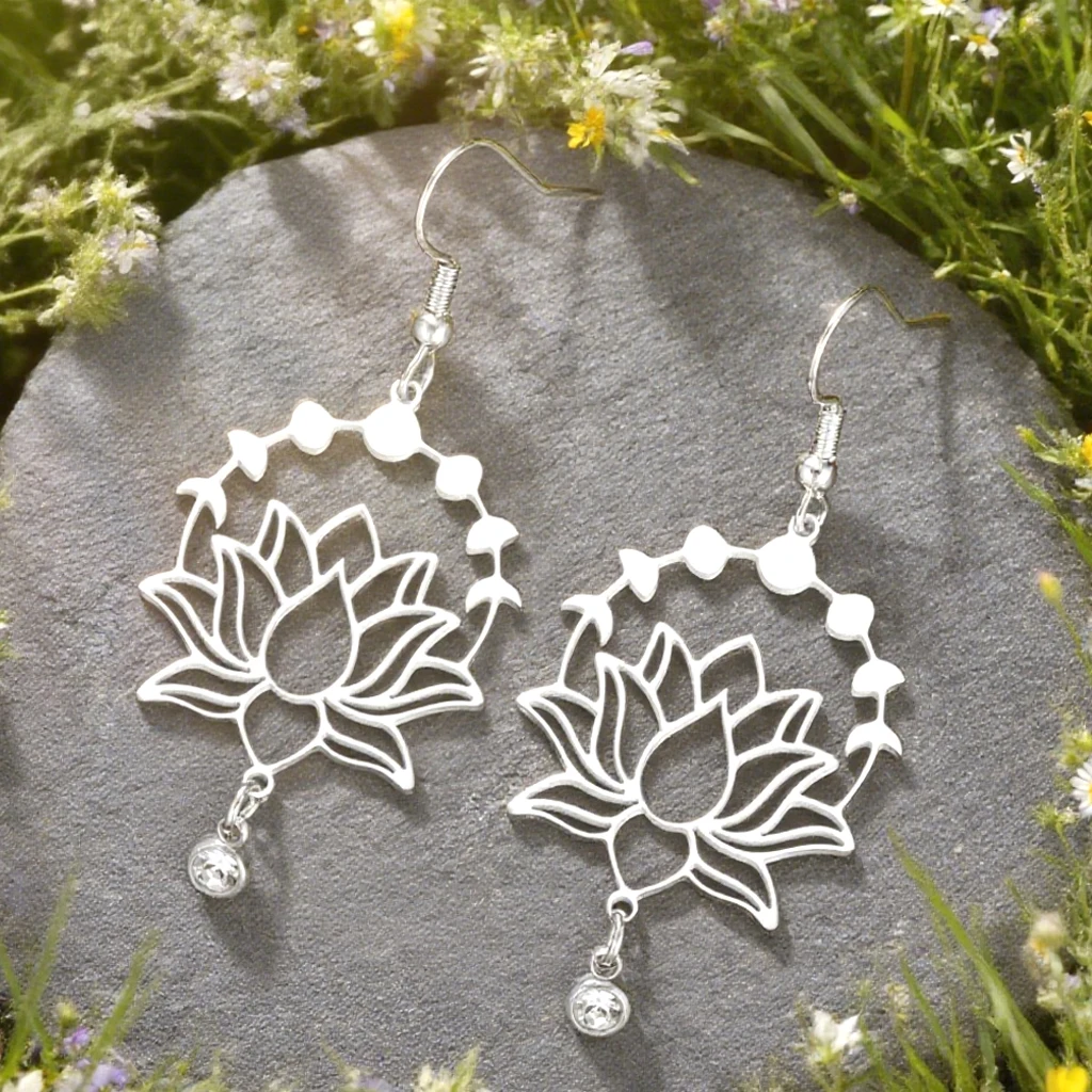 Dawapara Mondphase Lotusblume baumelnde Ohrringe Bohemian klar Zirkon Lotus Yoga spiritueller Schmuck Edelstahl Ohrringe – Detail 8