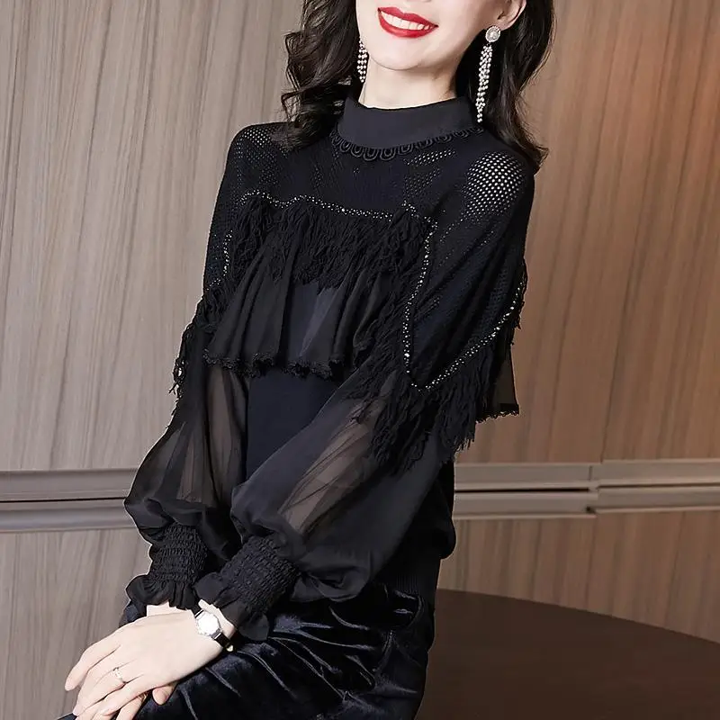 Elegant Gauze Spliced Beading Tassel Ruffles Blouses Women\'s Clothing 2024 Spring New Loose Korean Tops Lantern Sleeve Shirts