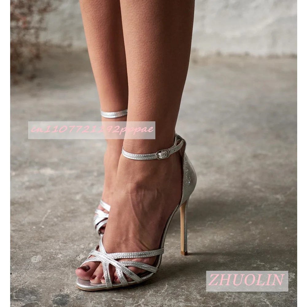 2026 New Summer Silver Open-Toe Wedding Shoes Women'S Buckle Strap Stiletto Sandals Fashionable Simple Casual Evening Shoes 46 - view 5