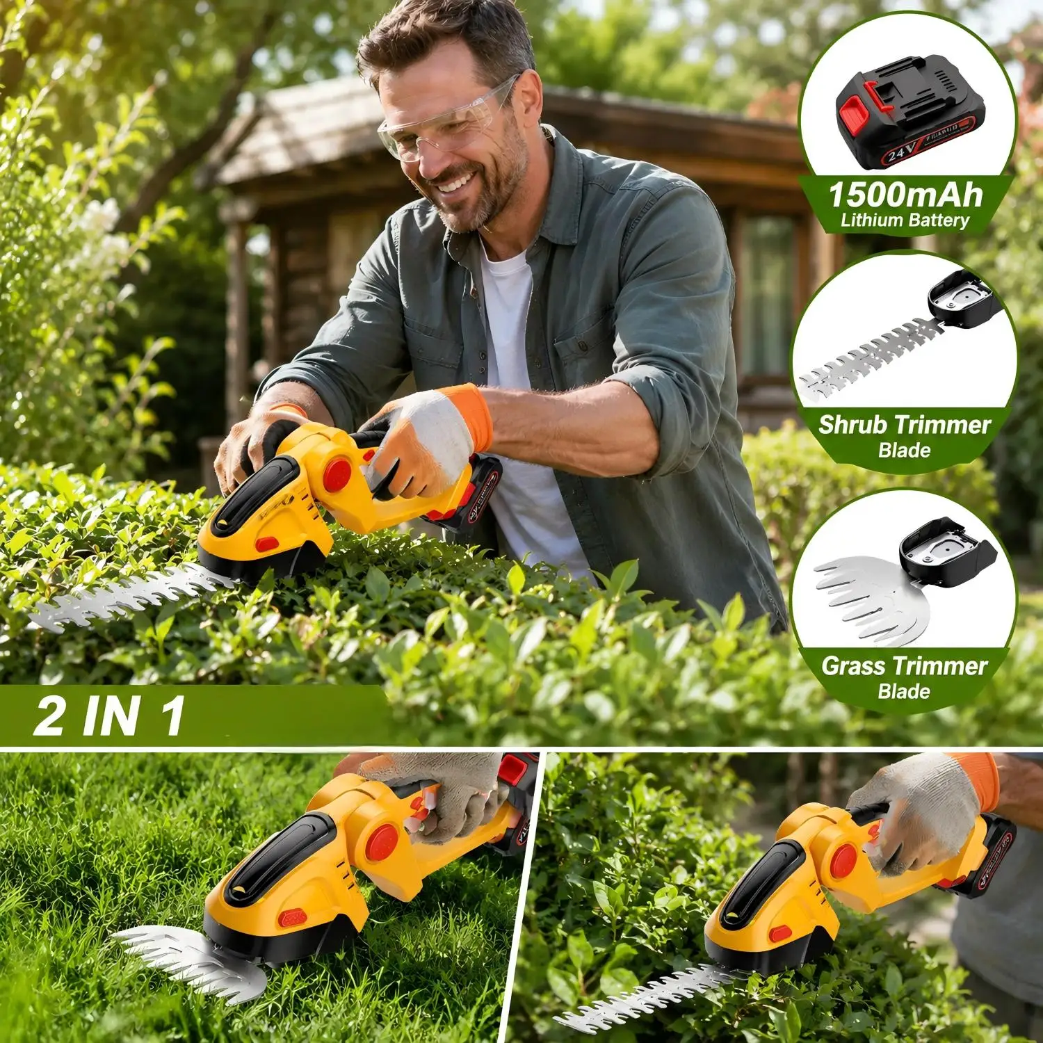 2-in-1 Handrasenmäher & Heckenschere, 90 °   Verstellbare Winkel-Grasschere mit Doppelklingen & Sicherheitsschaltern, 60 Min. Laufzeit, Leichter Kabelloser Elektrischer Trimmer für Garten, Äste,